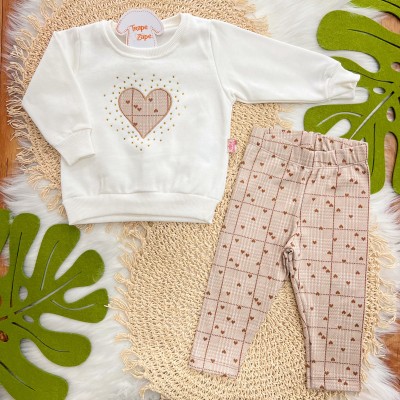 Conj. Casaco de Moletom Coração e Calça Legging - Off White